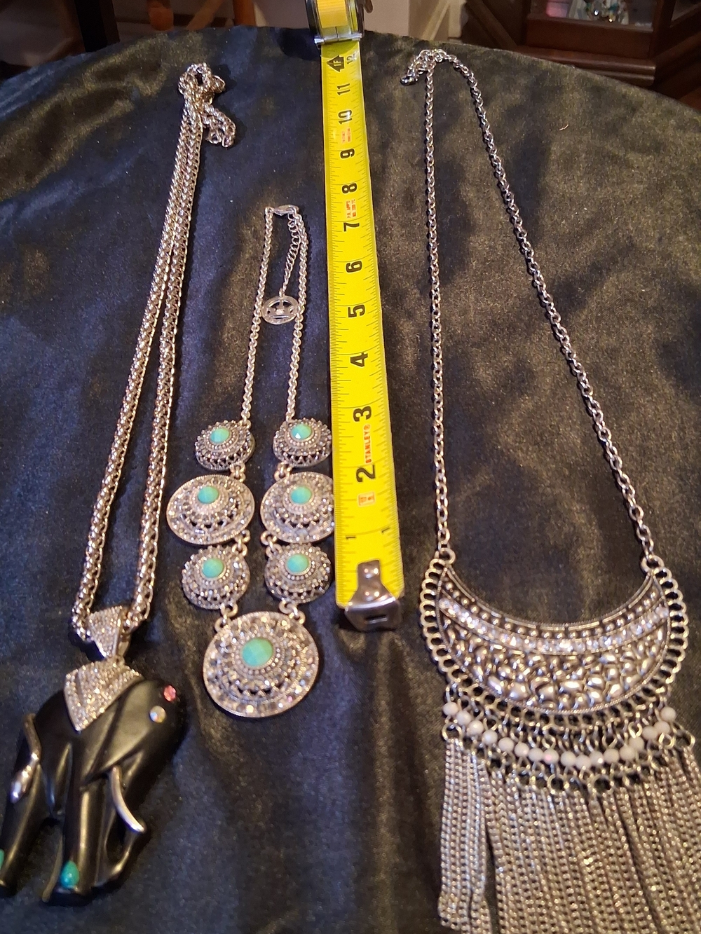 Lot of 3 Boho Statement Necklaces Vintage Elephant Pendant Crescent Fringe Tasse - Picture 3 of 8